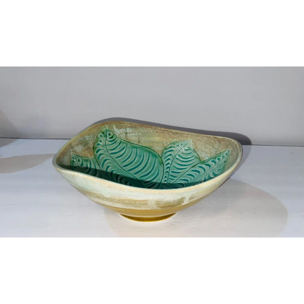 Wendy Wrenn Studio Pottery Leaf Embossed Serving Bowl 9in Teal Green Ceramic